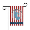 Garden flag with red and white stripes, blue lake outline, and "The Smith Family" text.
