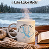 White mug with High Rock Lake, North Carolina map and compass design.