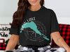 Black t-shirt with Bow Lake Alberta map and compass graphic.