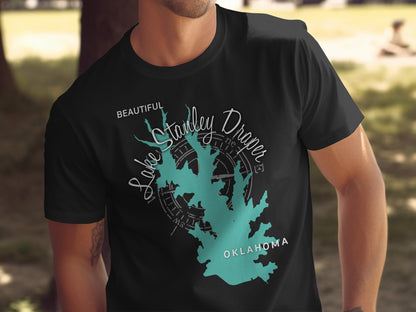Black t-shirt with a teal map outline of Lake Stanley Draper, Oklahoma.