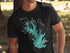 Black t-shirt with a teal map outline of Lake Stanley Draper, Oklahoma.