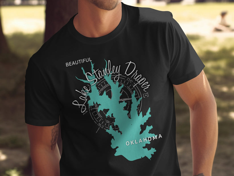 Black t-shirt with a teal map outline of Lake Stanley Draper, Oklahoma.