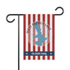 Garden flag with red and white stripes, featuring a blue West Okoboji Lake silhouette and "The Smith Family".