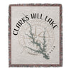 Woven throw blanket featuring Clarks Hill Lake map, compass, and Georgia text.