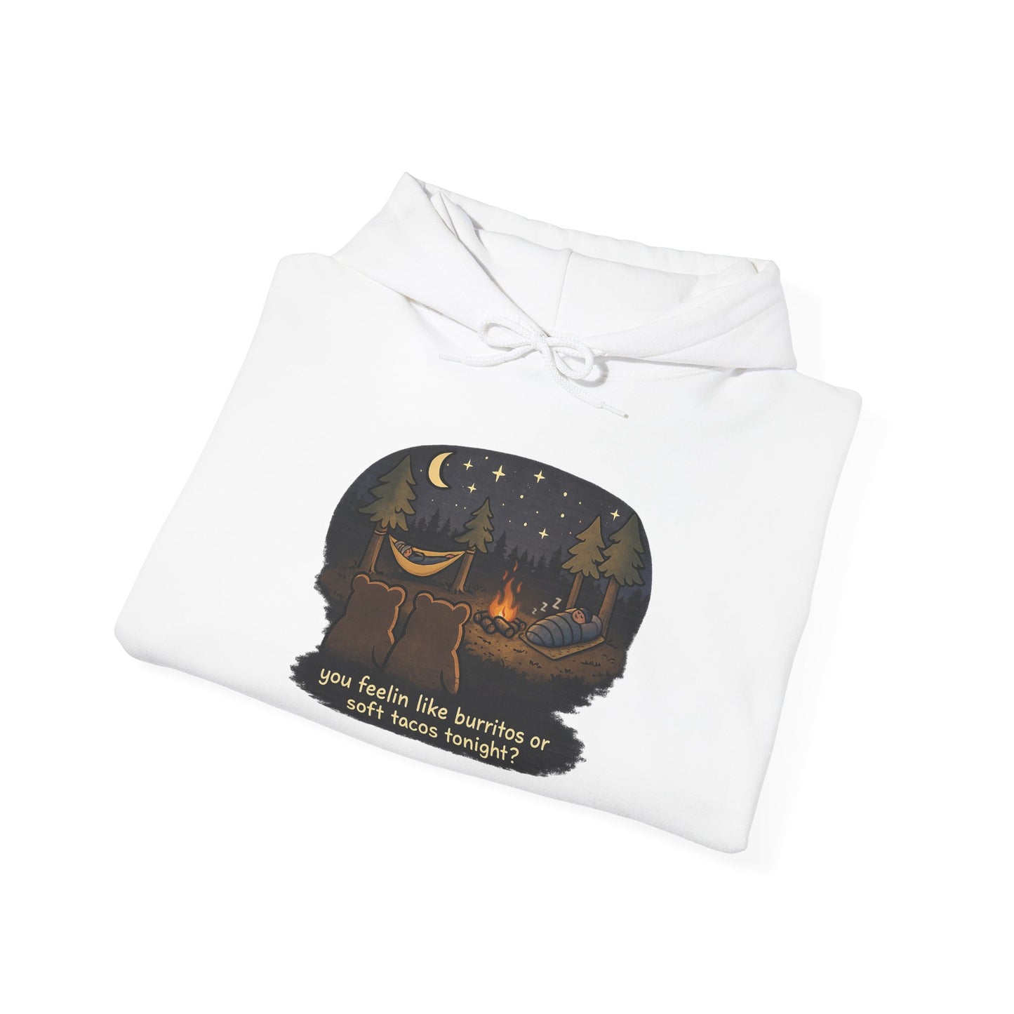 Campfire Bears Humor Hoodie, People in Sleeping Bags are Bear Burritos and Tacos Joke, Camping Hiking Smores Bonfire Apparel