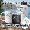 White mug, black tumbler, and white water bottle with Maligne Lake logo.