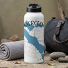 White water bottle with blue Merced map graphic and compass rose design.