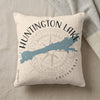 Huntington Lake California map and compass design on a cream throw pillow.