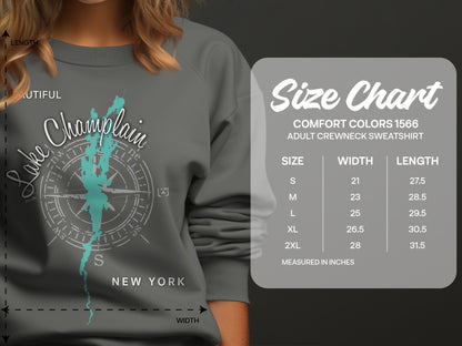 Crewneck sweatshirt size chart for Comfort Colors 1566 in inches.