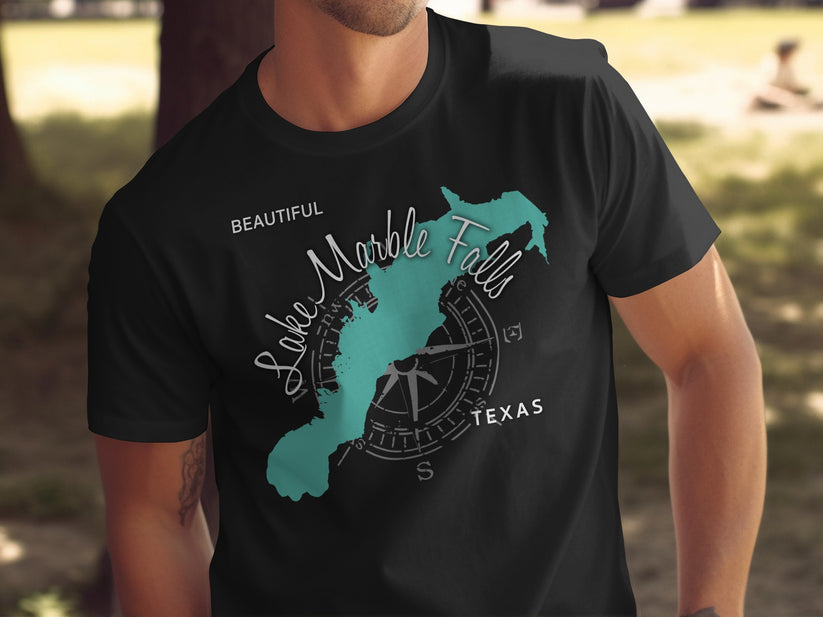Black t-shirt with teal map of Lake Marble Falls, Texas and compass rose.