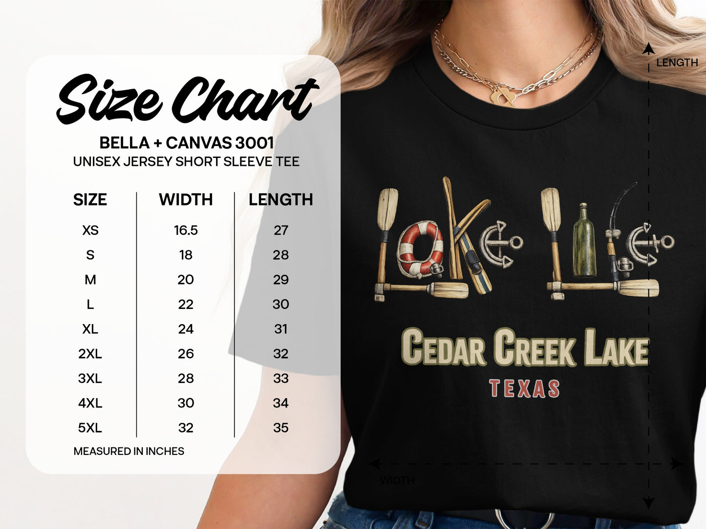 Size chart for Cedar Creek Lake Texas t-shirt with measurements.
