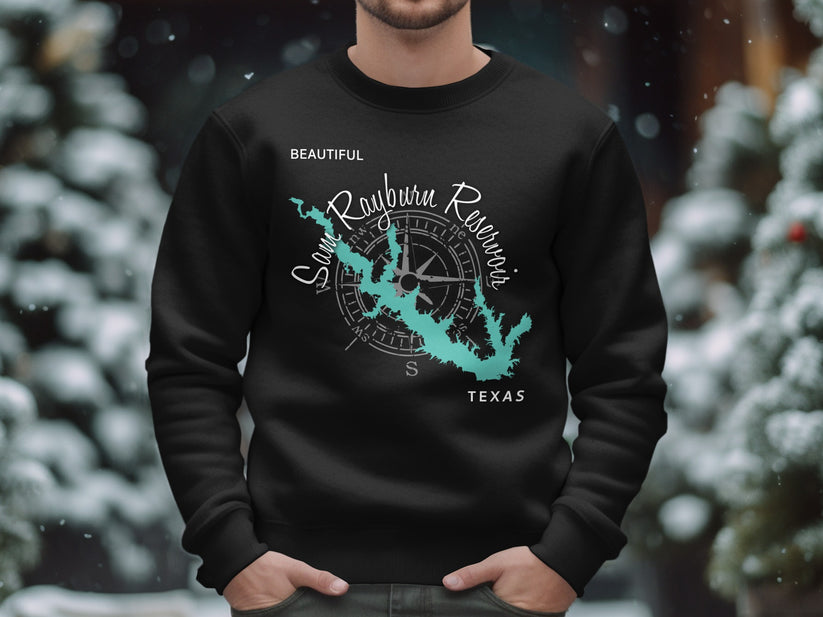 Black sweatshirt with a turquoise Sam Rayburn Reservoir map and compass graphic.