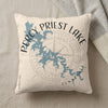White pillow with blue map of Percy Priest Lake, Tennessee, and compass rose graphic.