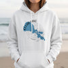 White hoodie with blue Clear Lake California map and compass graphic.