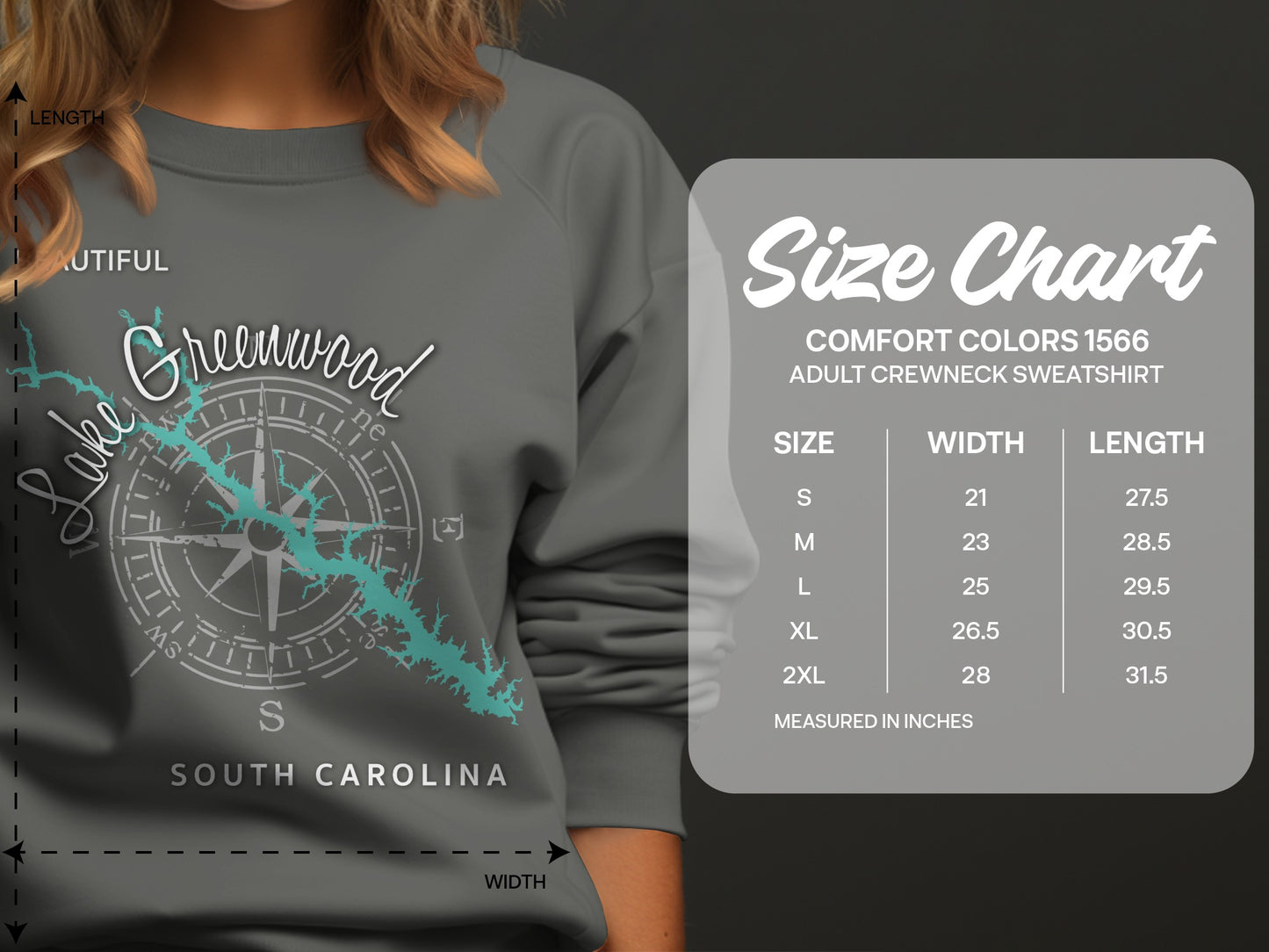 Lake Greenwood sweatshirt with size chart on right.
