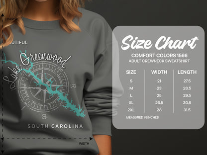 Lake Greenwood sweatshirt with size chart on right.