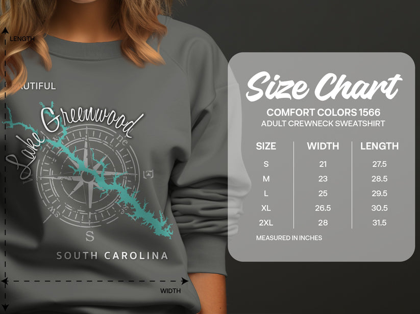 Lake Greenwood sweatshirt with size chart on right.