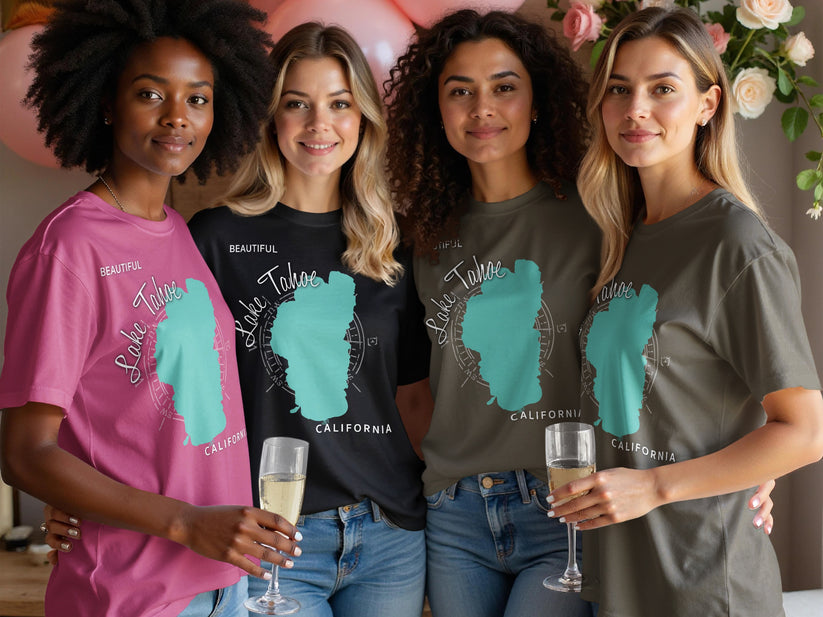 Four women wear graphic t-shirts featuring Lake Tahoe outline and text.
