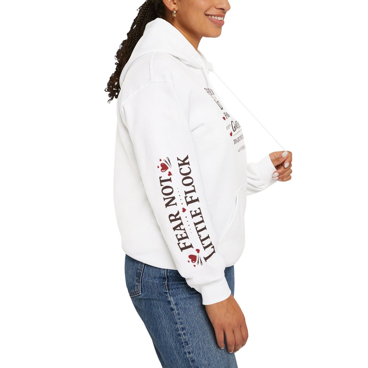 Fear Not Little Flock Hoodie with Printed Sleeves | Luke 12:32 Scripture Heart Design Bible Verse Gift | Share your faith