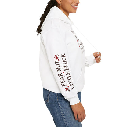 Fear Not Little Flock Hoodie with Printed Sleeves | Luke 12:32 Scripture Heart Design Bible Verse Gift | Share your faith
