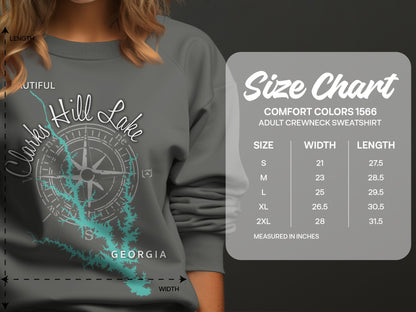 Comfort Colors 1566 sweatshirt size chart for Clarks Hill Lake design.