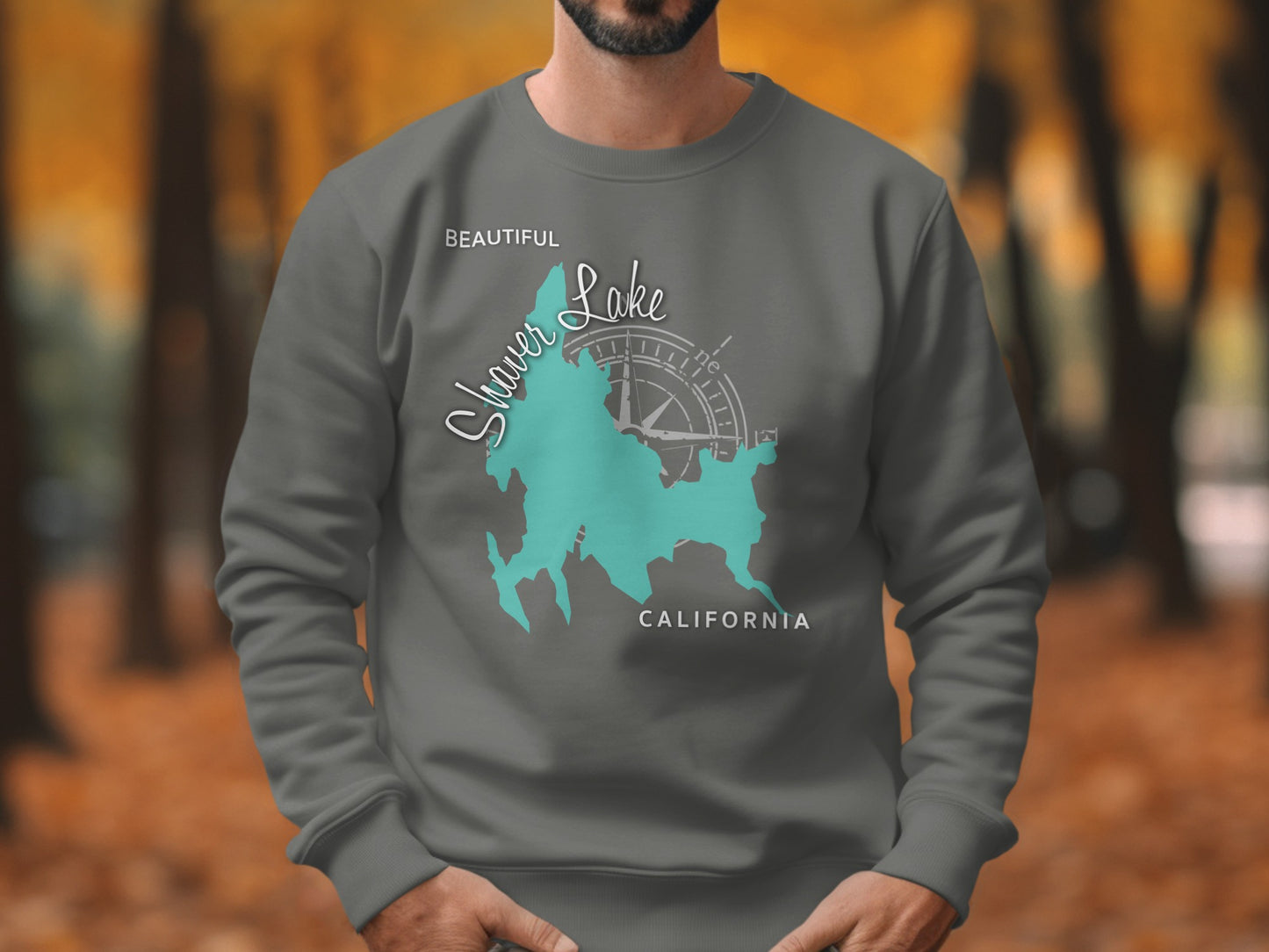 Gray sweatshirt with "Shaver Lake California" map and compass graphic.