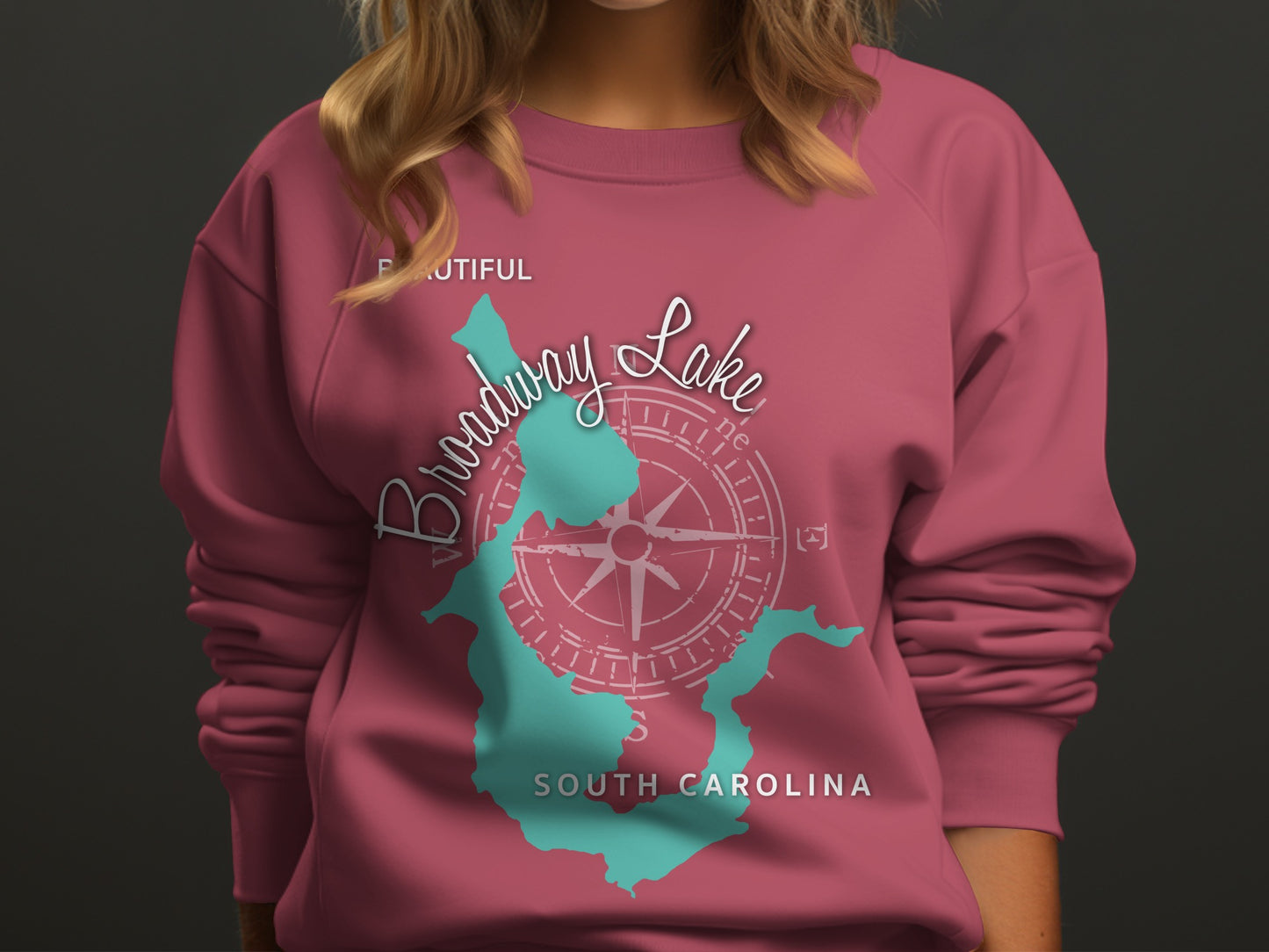 Maroon sweatshirt with "Broadway Lake" and compass design, South Carolina.