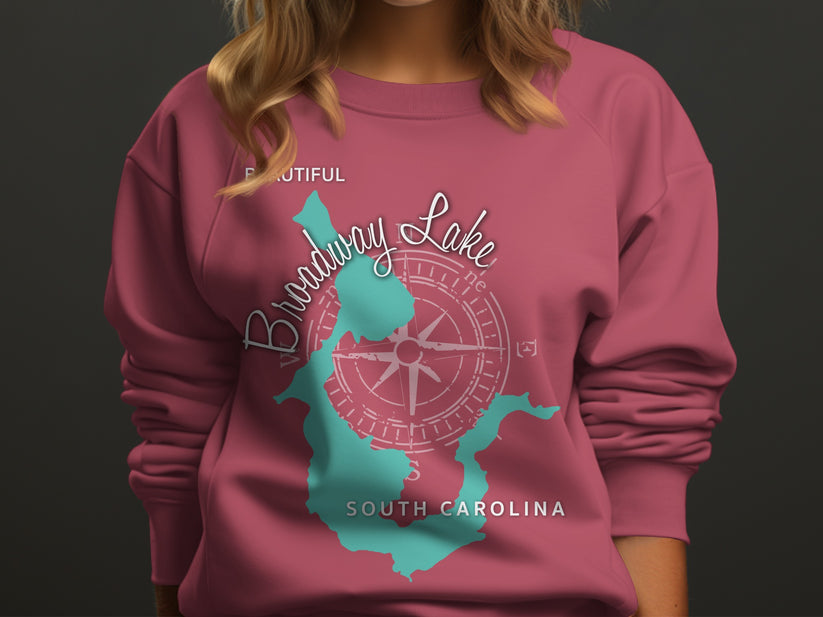 Maroon sweatshirt with "Broadway Lake" and compass design, South Carolina.