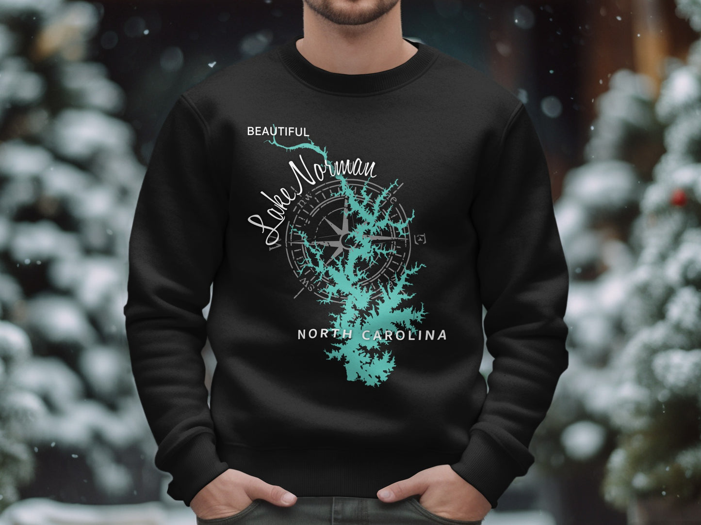 Black sweatshirt with Lake Norman, North Carolina map and compass design.