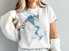 White t-shirt with blue Lizard Lake Minnesota map graphic and compass rose.