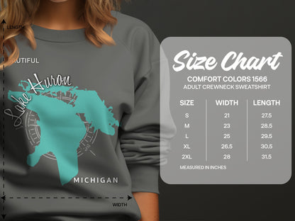 Size chart for Comfort Colors 1566 adult crewneck sweatshirt.
