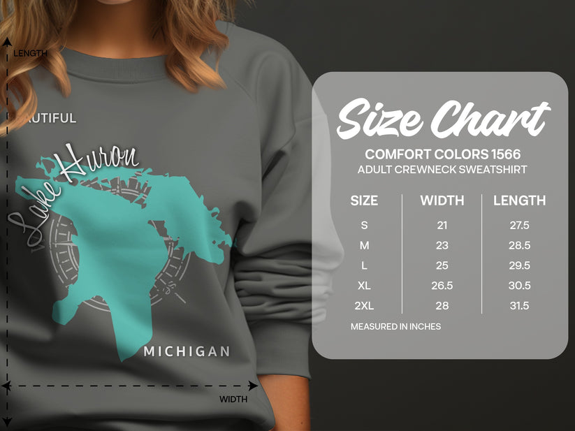 Size chart for Comfort Colors 1566 adult crewneck sweatshirt.