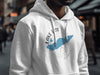 White hoodie with blue Lake Erie map graphic and compass on a person.