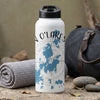 White water bottle with blue lake map and compass design, black lid.