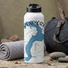 White water bottle with blue map design and "PEND ORE" text.