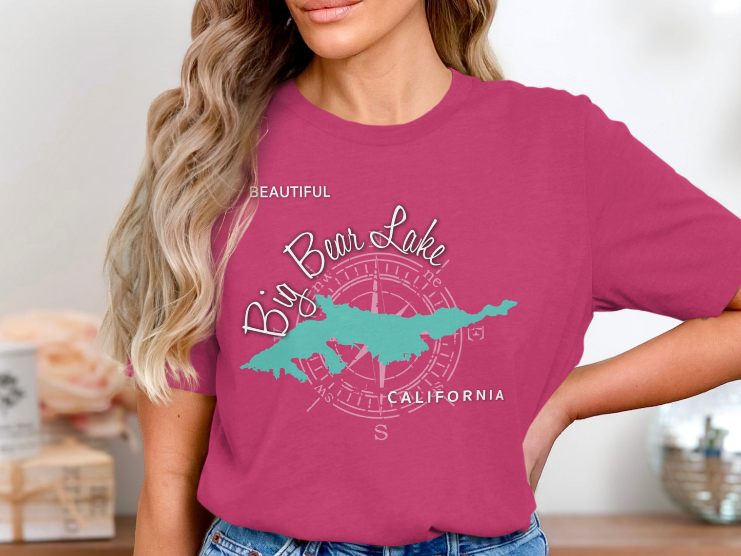Pink t-shirt with Big Bear Lake, California map and compass graphic.
