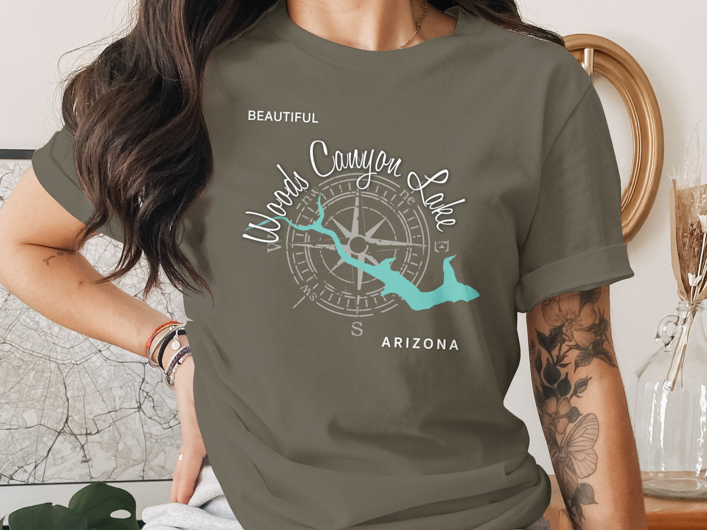 T-shirt with Woods Canyon Lake Arizona map and compass design.