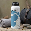 White water bottle with graphic of lake and compass rose, text "MIN"