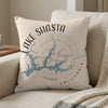 Lake Shasta California map pillow with compass rose graphic.