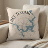 Lake Texoma map and compass rose on a decorative throw pillow.
