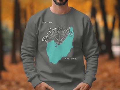 Gray sweatshirt with a map of Rose Canyon Lake and Arizona.