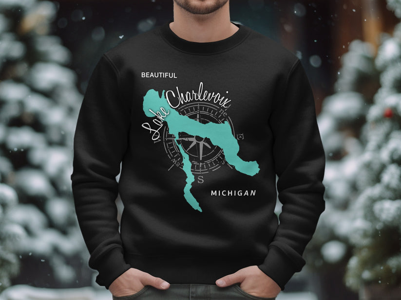 Black crewneck sweatshirt featuring a teal map outline of Lake Charlevoix, Michigan.