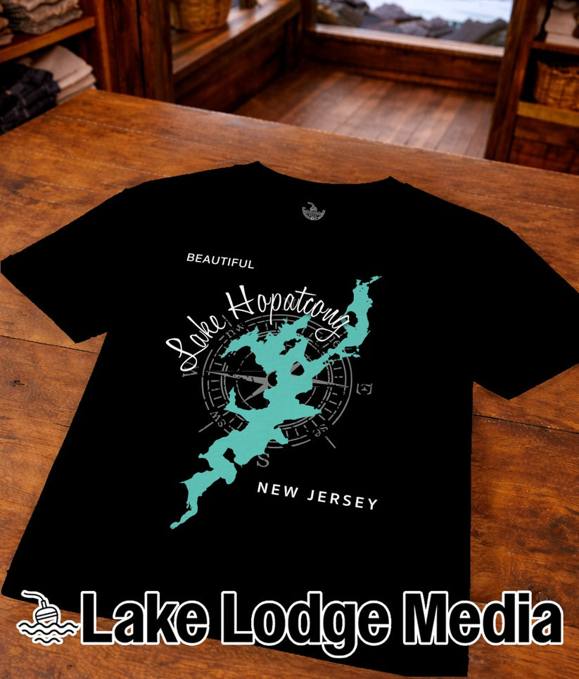 Black t-shirt with Lake Hopatcong map outline and "Lake Lodge Media" text.