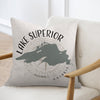 Square pillow with Lake Superior map, compass rose, and "Ontario" text.