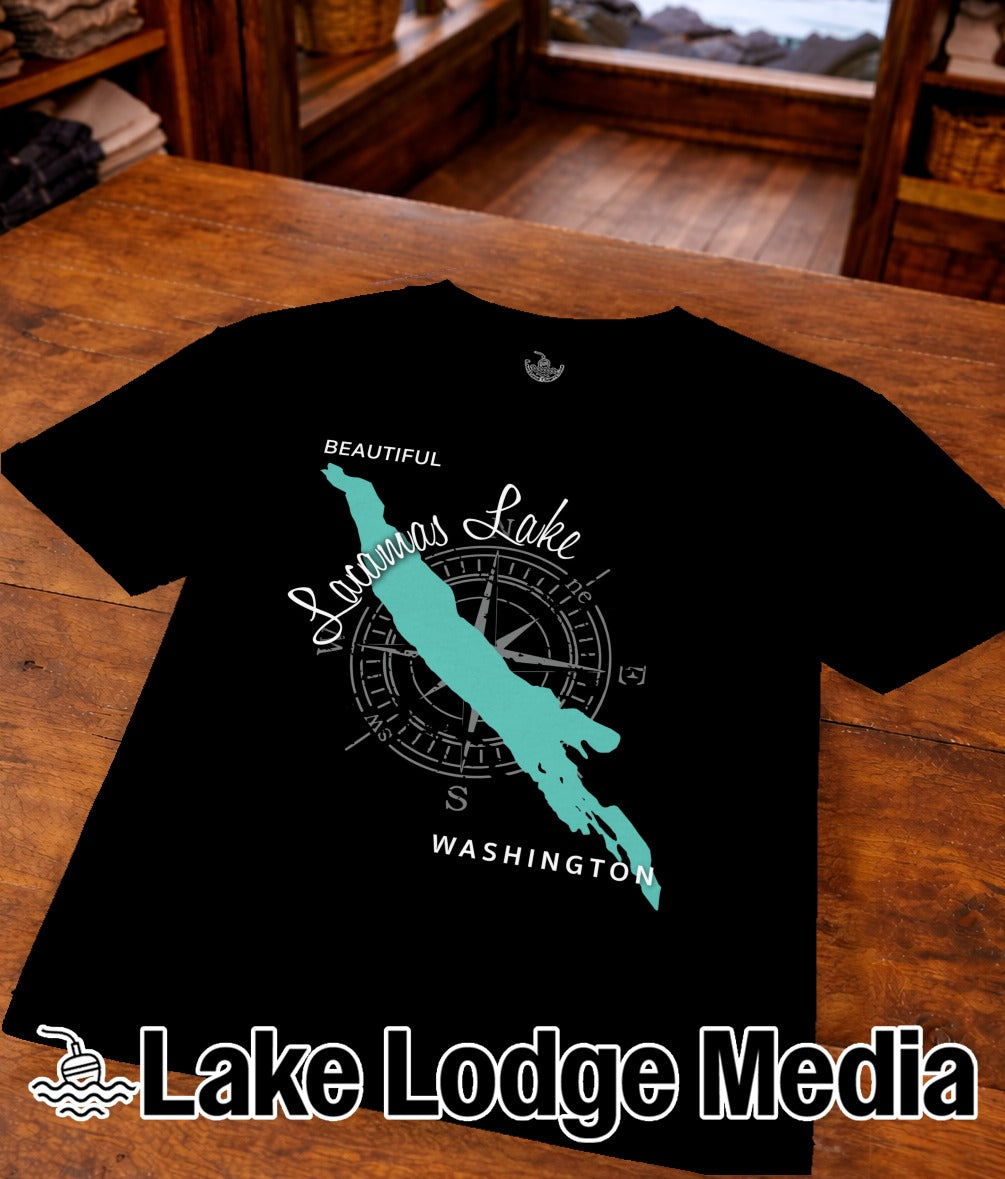 Black t-shirt with a teal compass and "Lake Sammamish Washington" graphic.