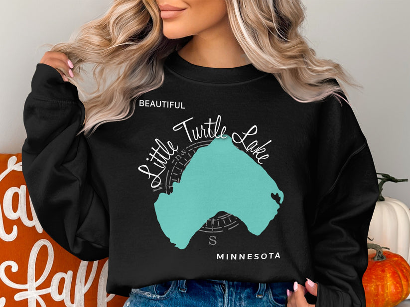 Black sweatshirt with "Beautiful Little Turtle Lake" and Minnesota map graphic.