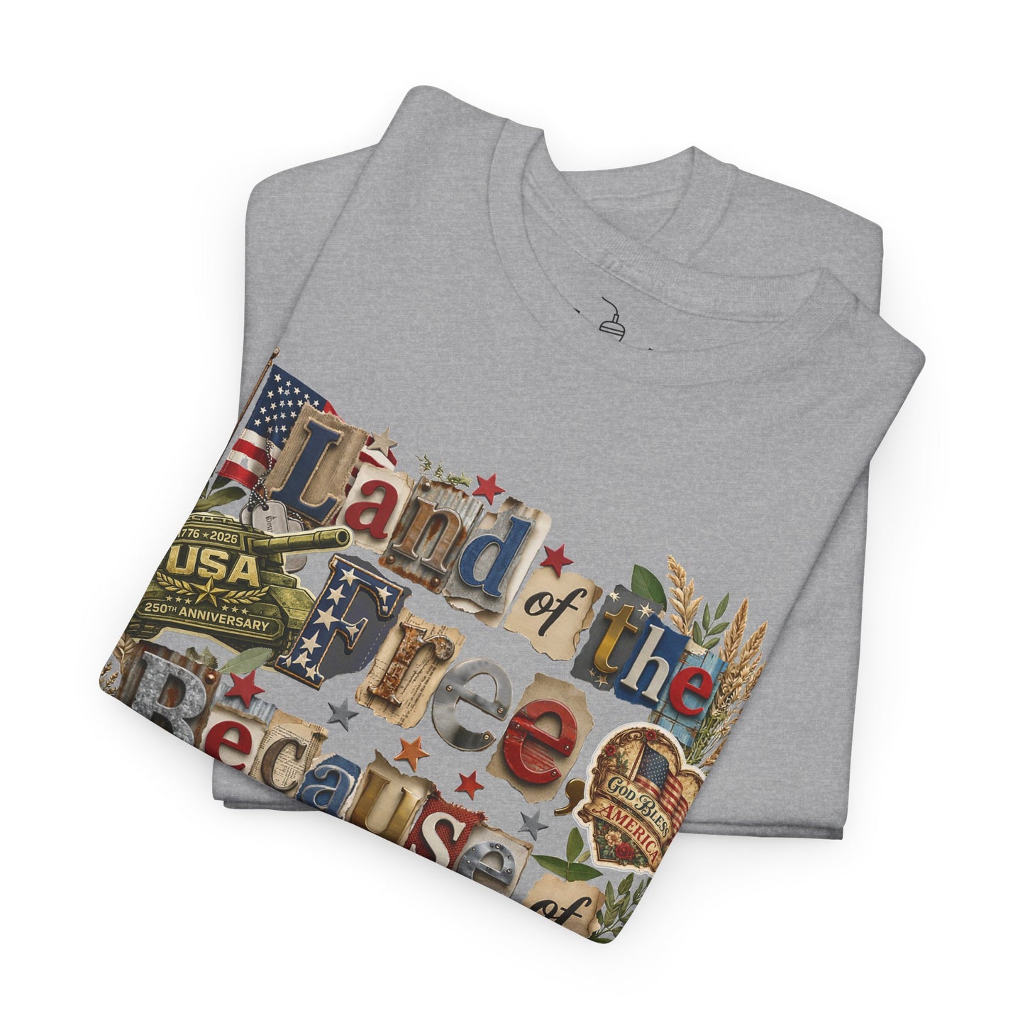 USA 250th Anniversary Land of the Free Because of the Brave T-Shirt | Patriotic Fourth of July Scrapbook Collage Design