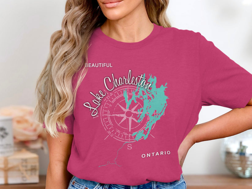 Pink t-shirt with Lake Charleston map and compass design.