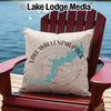 Light beige pillow with Lake Wallenpaupack map and compass design on a red chair.
