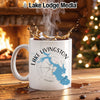 White mug with Lake Livingston, Texas map and compass design.